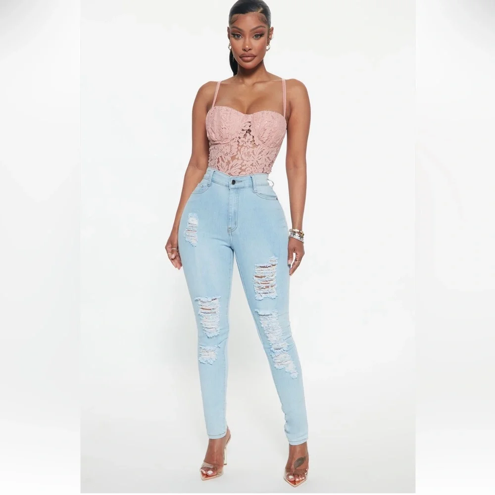 Fashion Nova High Rise Light Wash Distressed Jeans - Picture 1 of 6